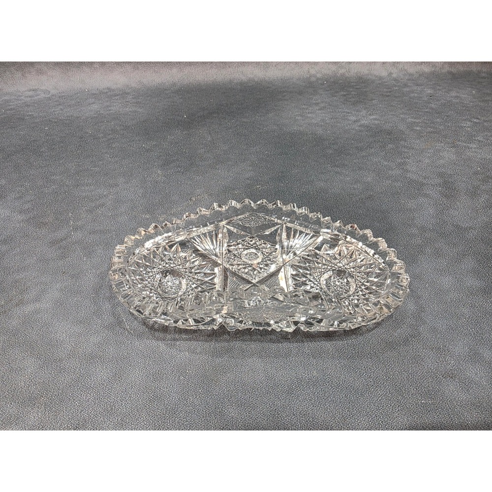 Vintage American Brilliant Cut Glass Oval Relish Bowl Hobstar Sawtooth Rim 8in